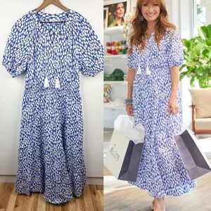Chicos Puff Sleeve Tassel Tiered Maxi Dress Blue White Dot Cotton Resort Coastal